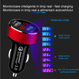 Incarcator Auto Dual USB - Gri, Quick Charge, afisaj voltaj incarcare si voltaj timp real baterie vehicul - wistig